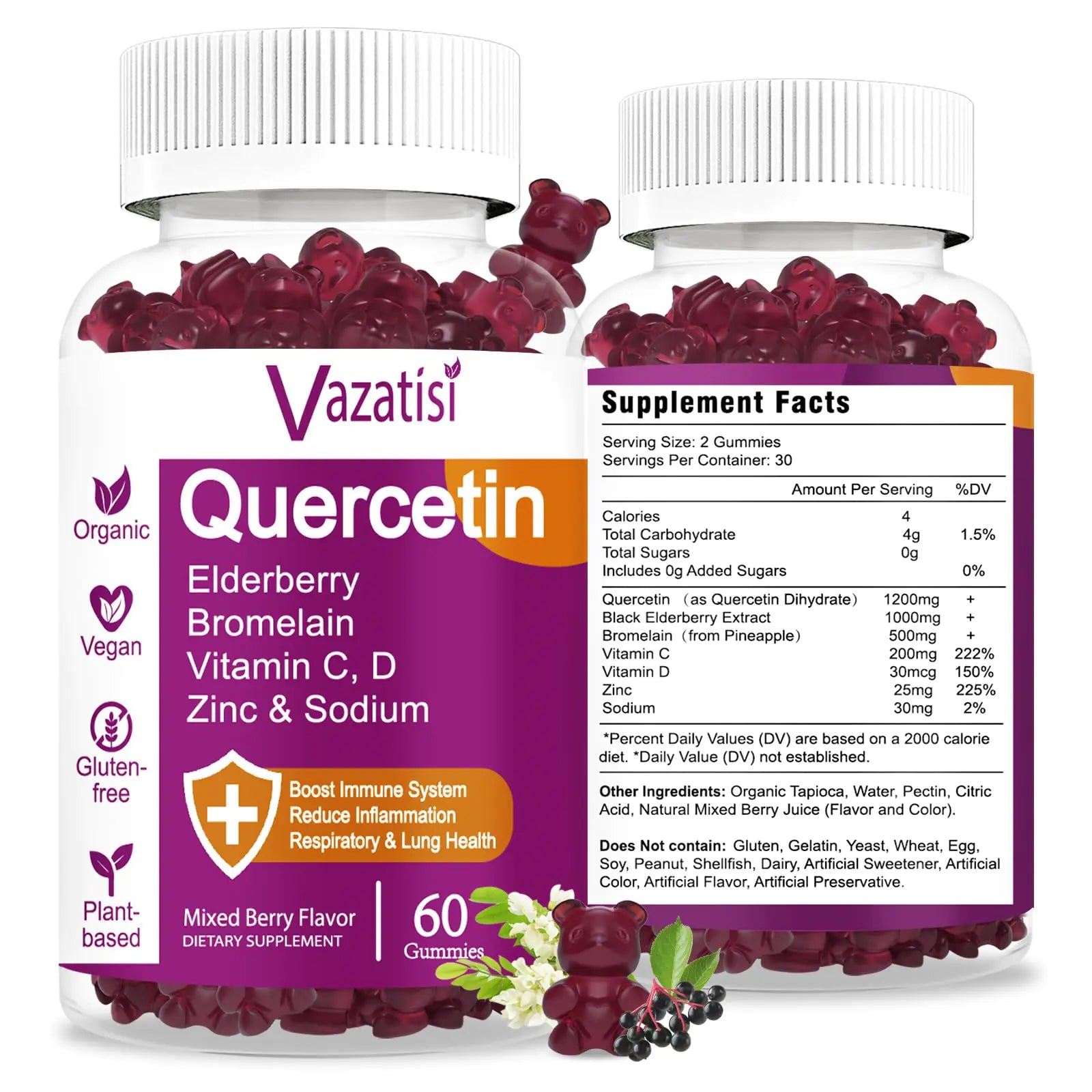 Quercetin Gummies Quercetin with Vitamin C Zinc Bromelain Elderberry and Vitamin D Immune Support Adults Kids Women Men 120 Gummies Chewable
