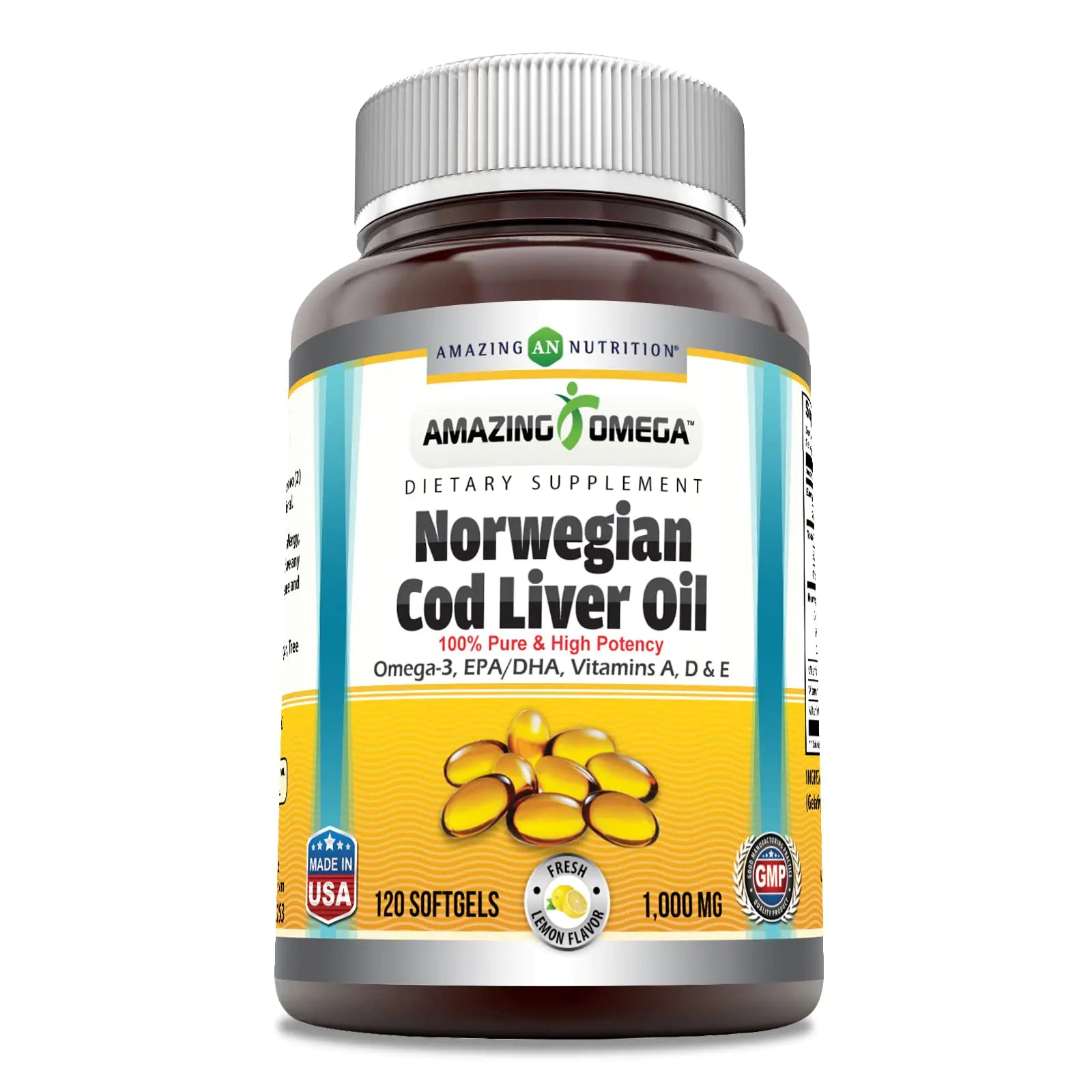 Amazing Omega Norwegian Cod Liver Oil 1000 Mg Softgels Supplement | Omega-3 EPA DHA Vitamin A Vitamin D & Vitamin E (Lemon | 120 Count)