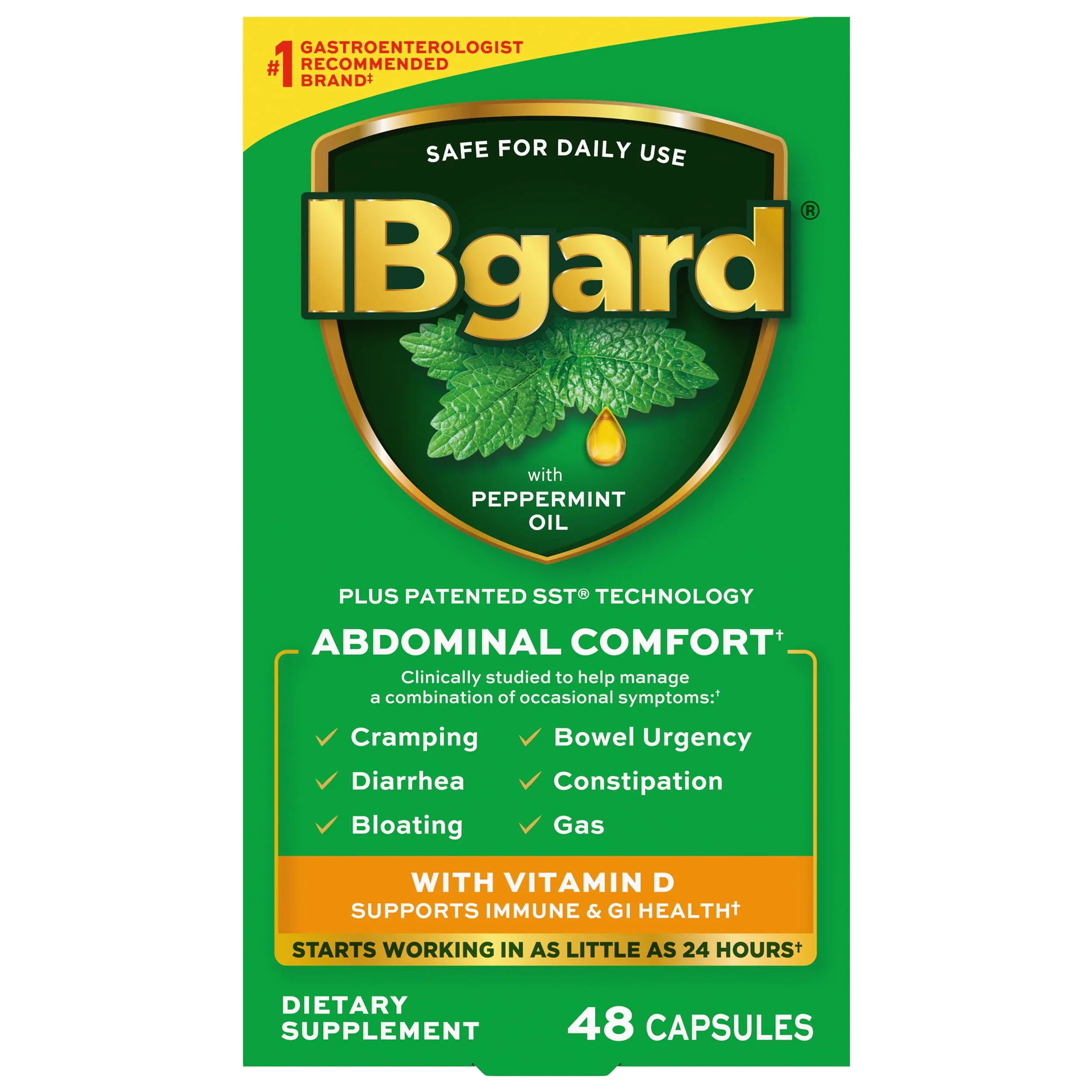 IBgard with Vitamin D Peppermint Oil Capsules Supports Immune and GI Health 48 Capsules (Packaging May Vary)