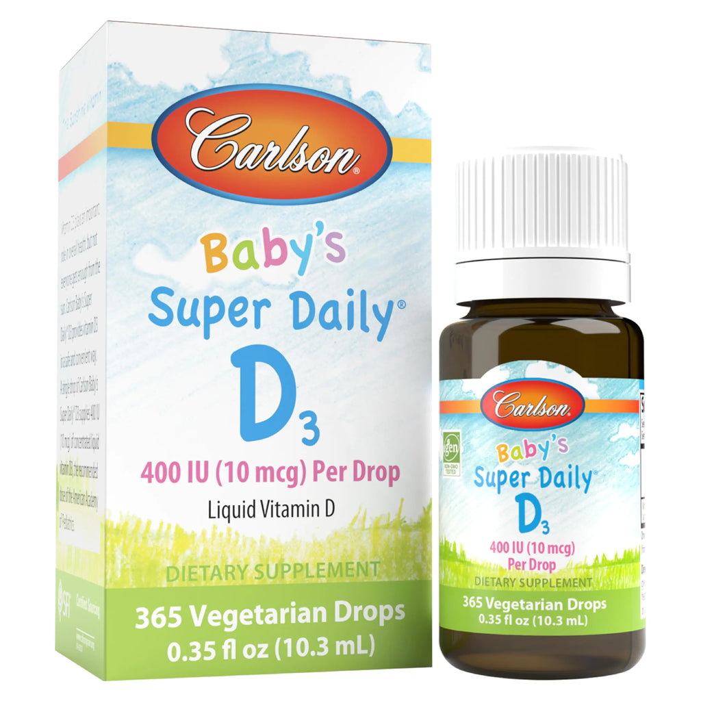 Carlson - Babys Super Daily D3 Baby Vitamin D Drops 400 IU (10 mcg) per Drop 1-Year Supply Vegetarian Liquid Vitamin D for Infants and Toddlers Unflavored 365 Drops