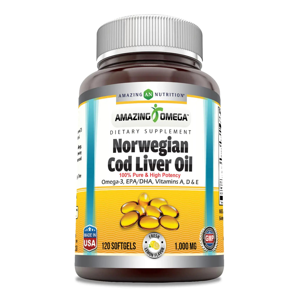 Amazing Omega Norwegian Cod Liver Oil 1000 Mg Softgels Supplement | Omega-3 EPA DHA Vitamin A Vitamin D & Vitamin E (Lemon | 120 Count)